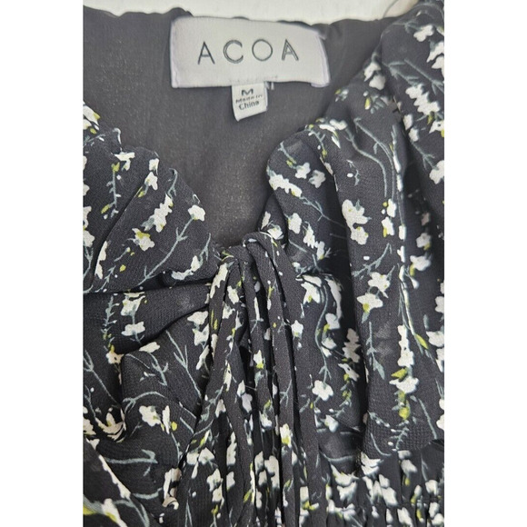 ACOA Womens Mini Dress Medium Black White Floral Smocked Long Sleeve Ruffle Boho - Picture 5 of 12
